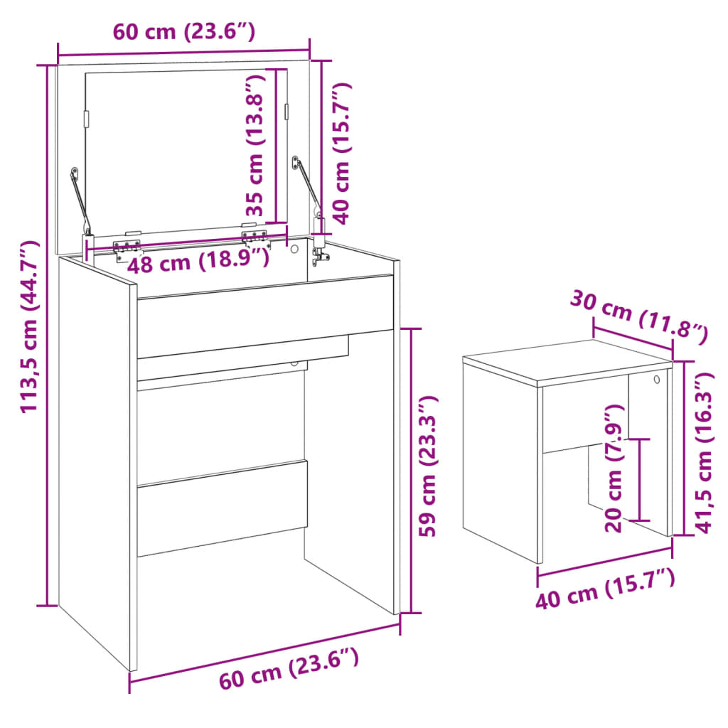 Sminkebord Hvit krakk 60x40x113,5 cm