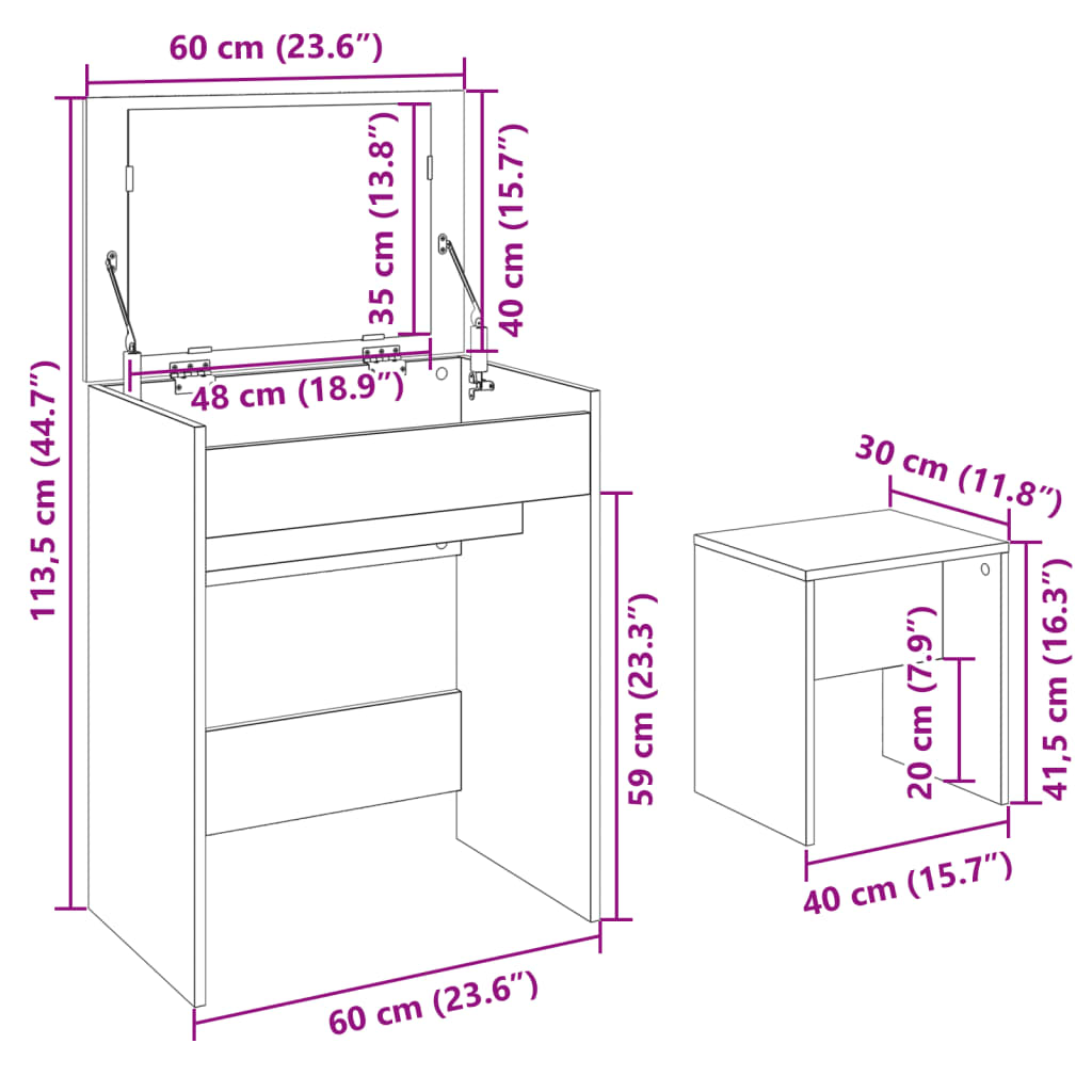 Sminkebord med krakk Sonoma Eik 60x40x113,5 cm
