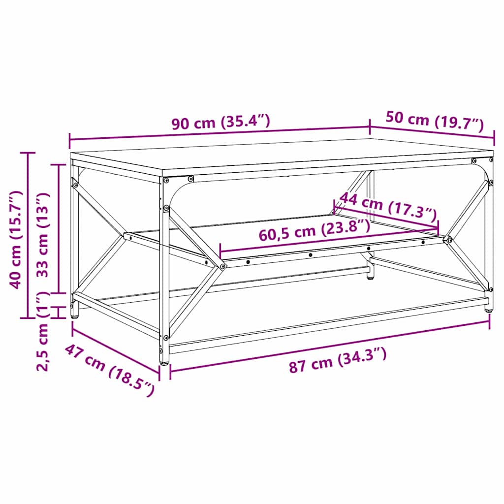 Salongbord Sofabord Røkt Eik 90 x 50 x 40 cm Konstruksjonsvirke og stål