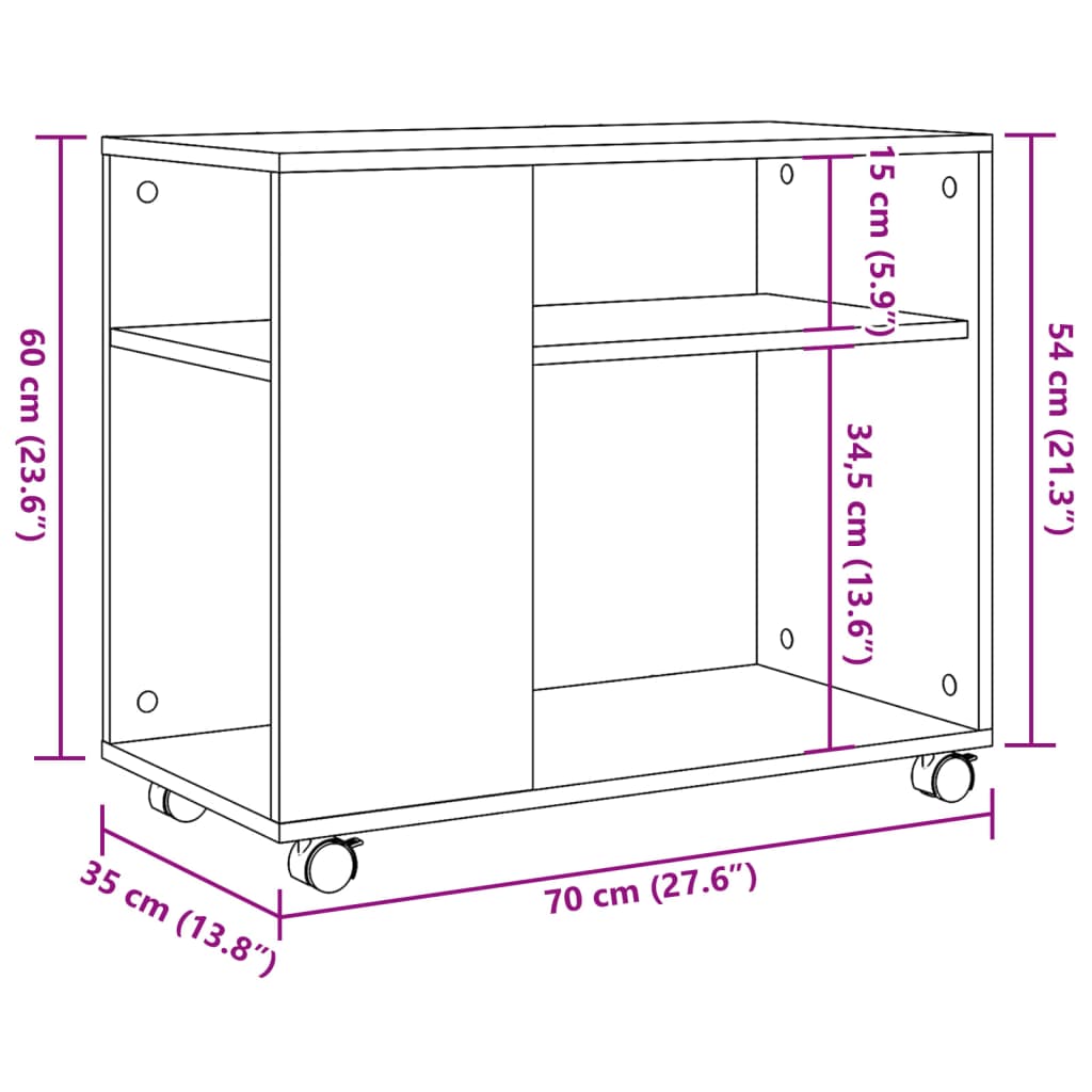Sidebord Sonoma Eik med hjul 70x35x60 cm