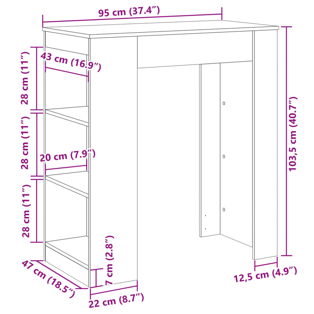 Barbord med stativer hvit 95x47x103,5 cm konstruert tre