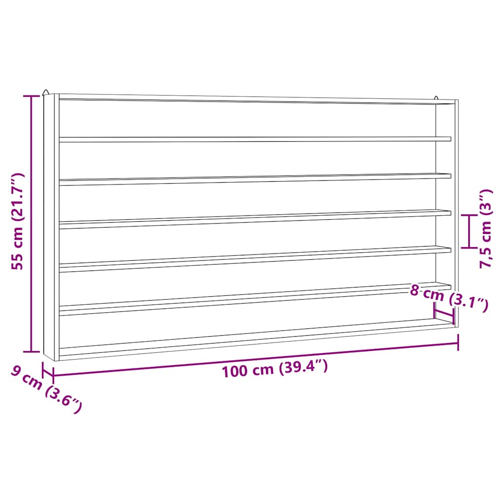 Vegghylle samlermonter i tre med 6 hyller 100x8,5x55 cm
