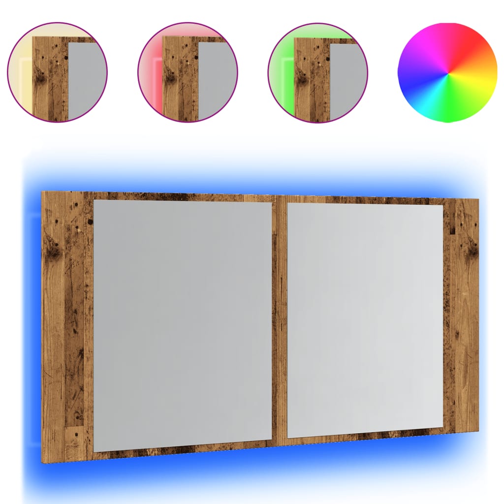 Baderomsspeil Speilskap med LED Gammelt Tre 90x12x45 cm