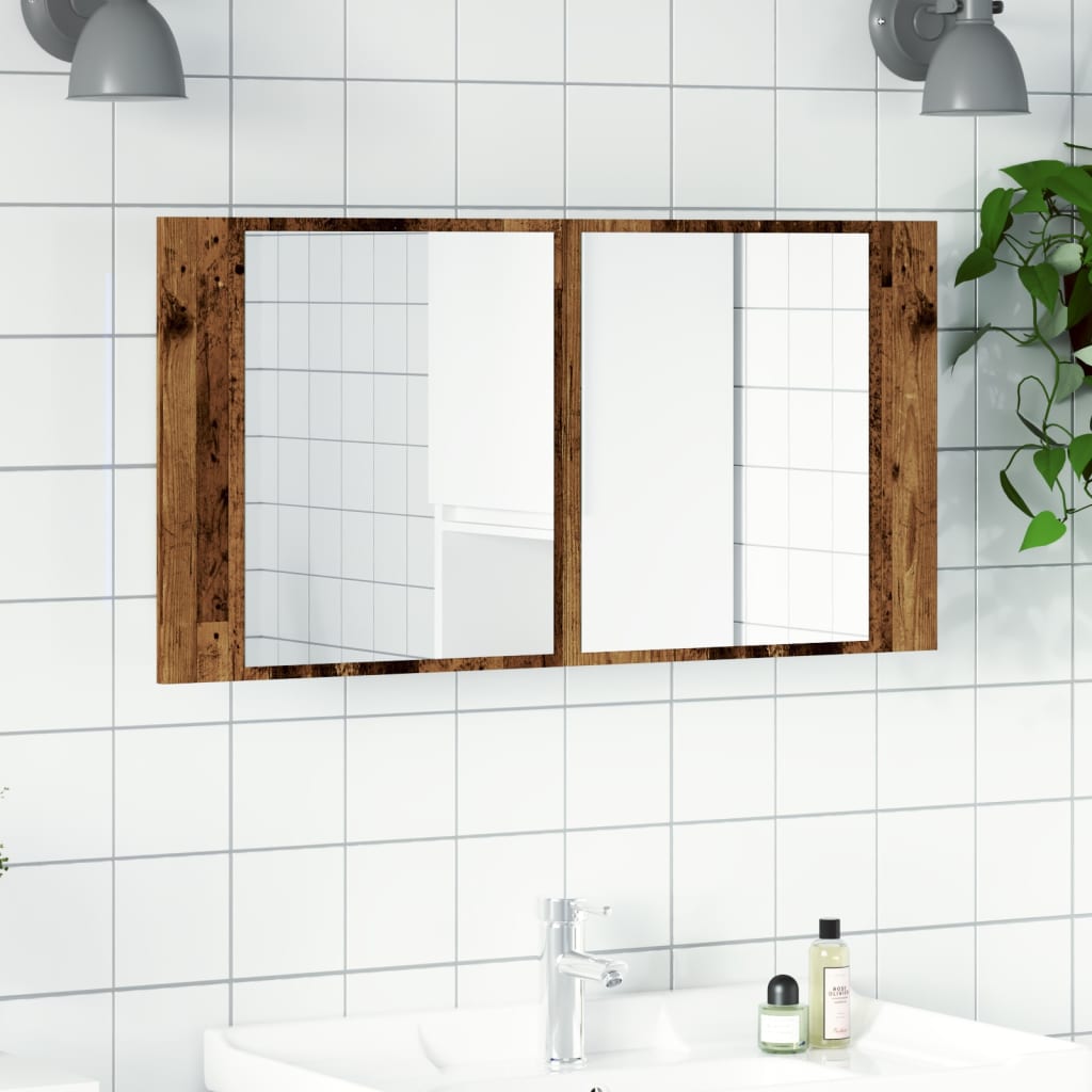 Baderomsspeil Speilskap med LED Gammelt Tre 90x12x45 cm