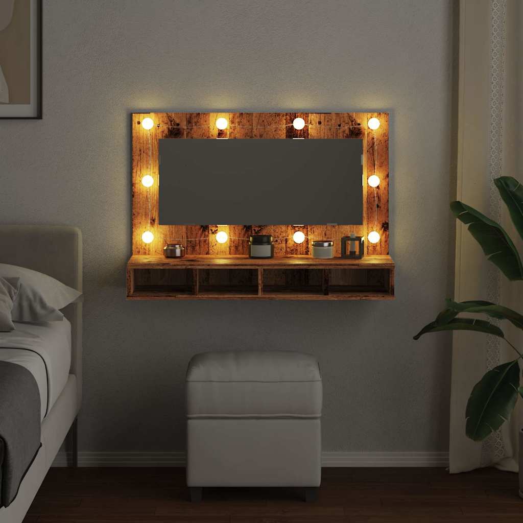 Baderomsspeil Speilskap med LED Gammelt Tre 90x31,5x62 cm