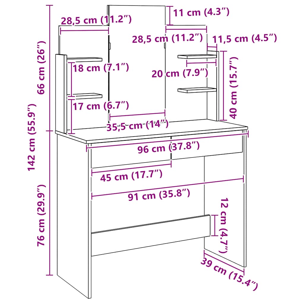 Sminkebord Artisan Eik speil 96x39x142 cm