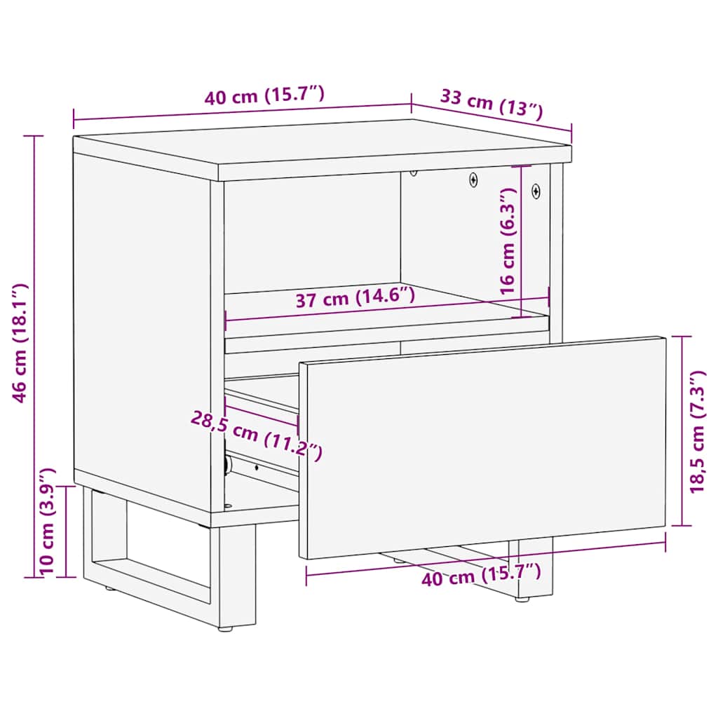 Nattbord Sengbord Svart 40x33x46 cm heltre mango