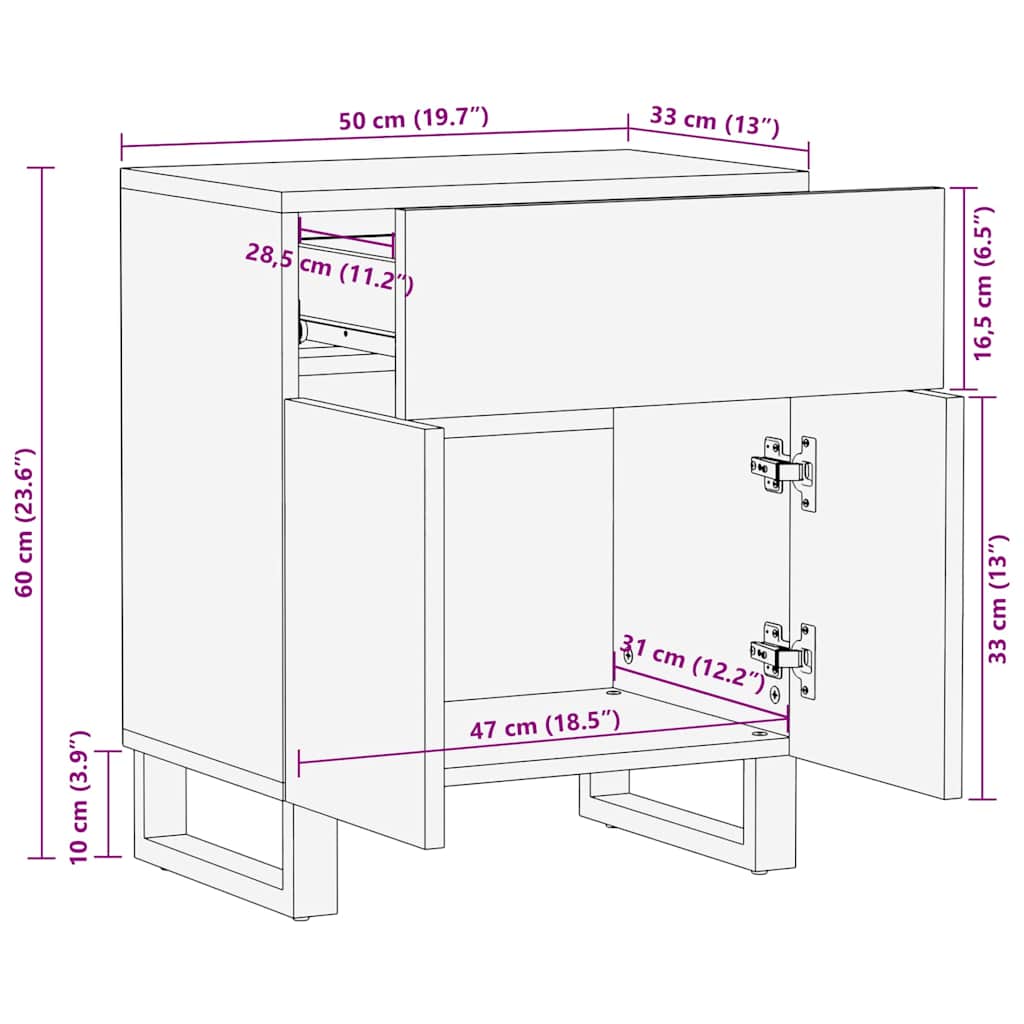 Nattbord Sengbord Svart 50x33x60 cm heltre mangotre