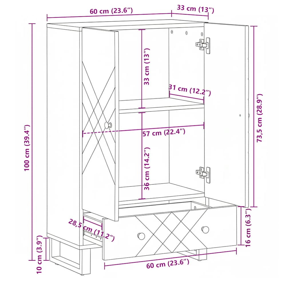 Skap Svart 60x33x100 cm heltre mango