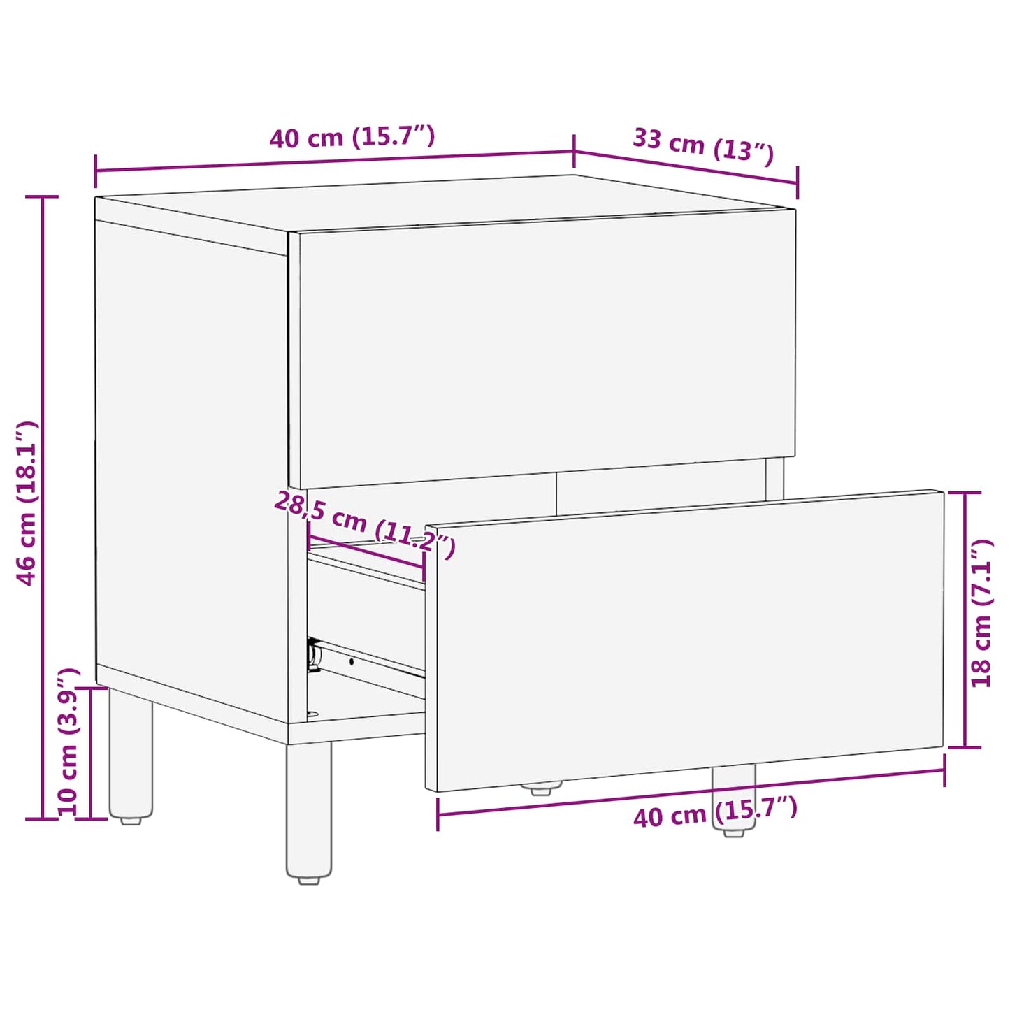 Nattbord Sengbord Hvit Nattbordskap med skuff 40 x 33 x 46 cm Massiv mango tre