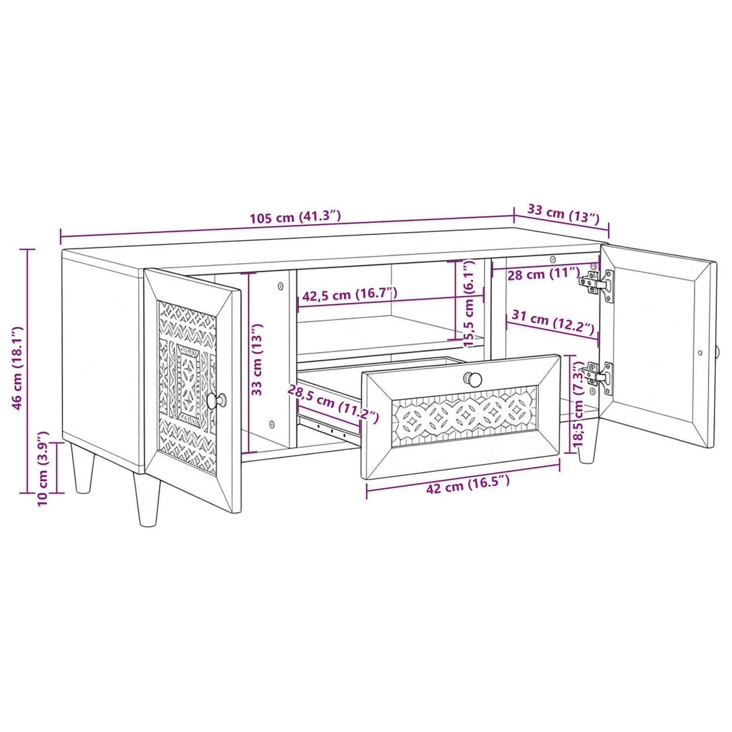 TV-Møbel Hvit med skuff 105 x 33 x 46 cm