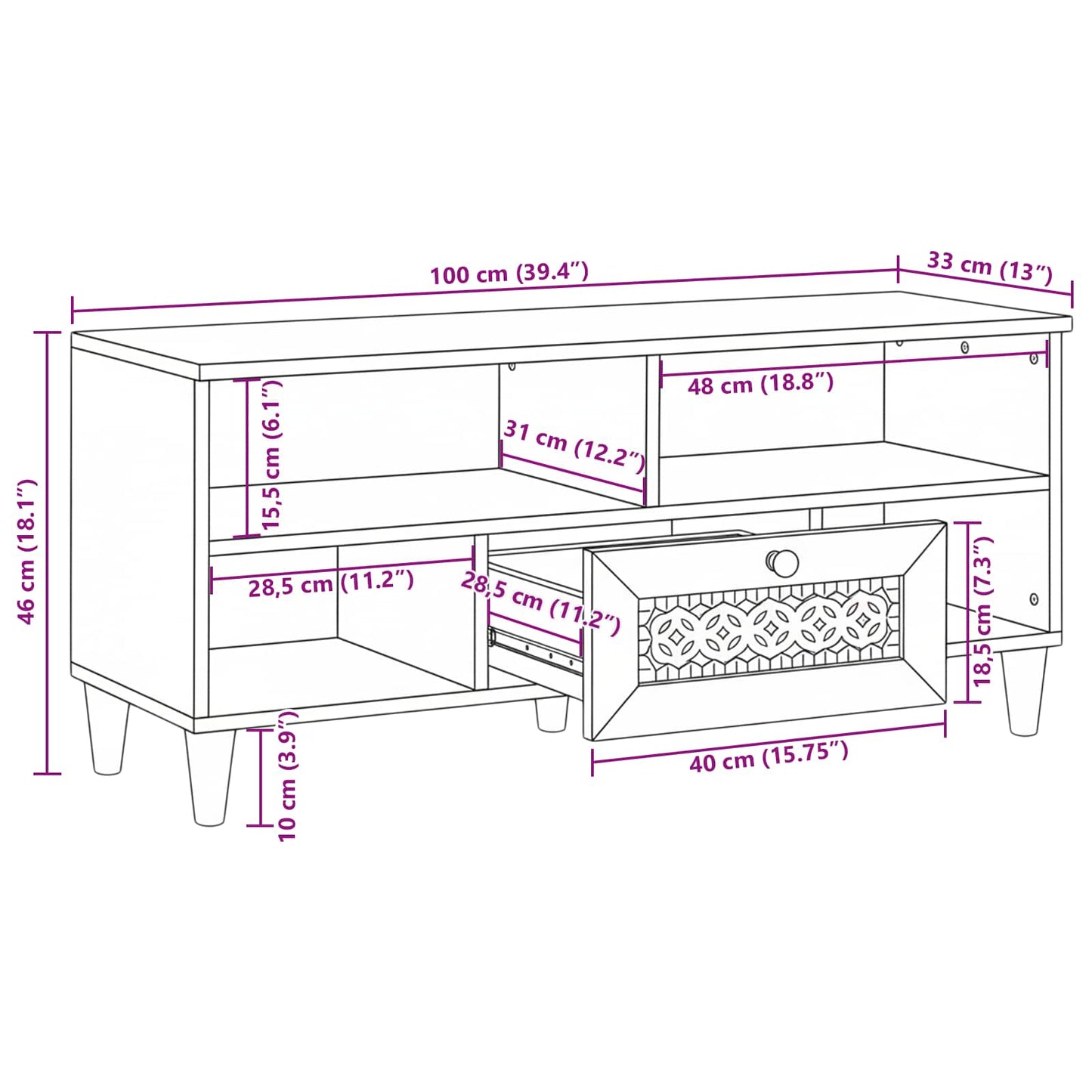 TV-Møbel Hvit med skuff 105 x 33 x 46 cm