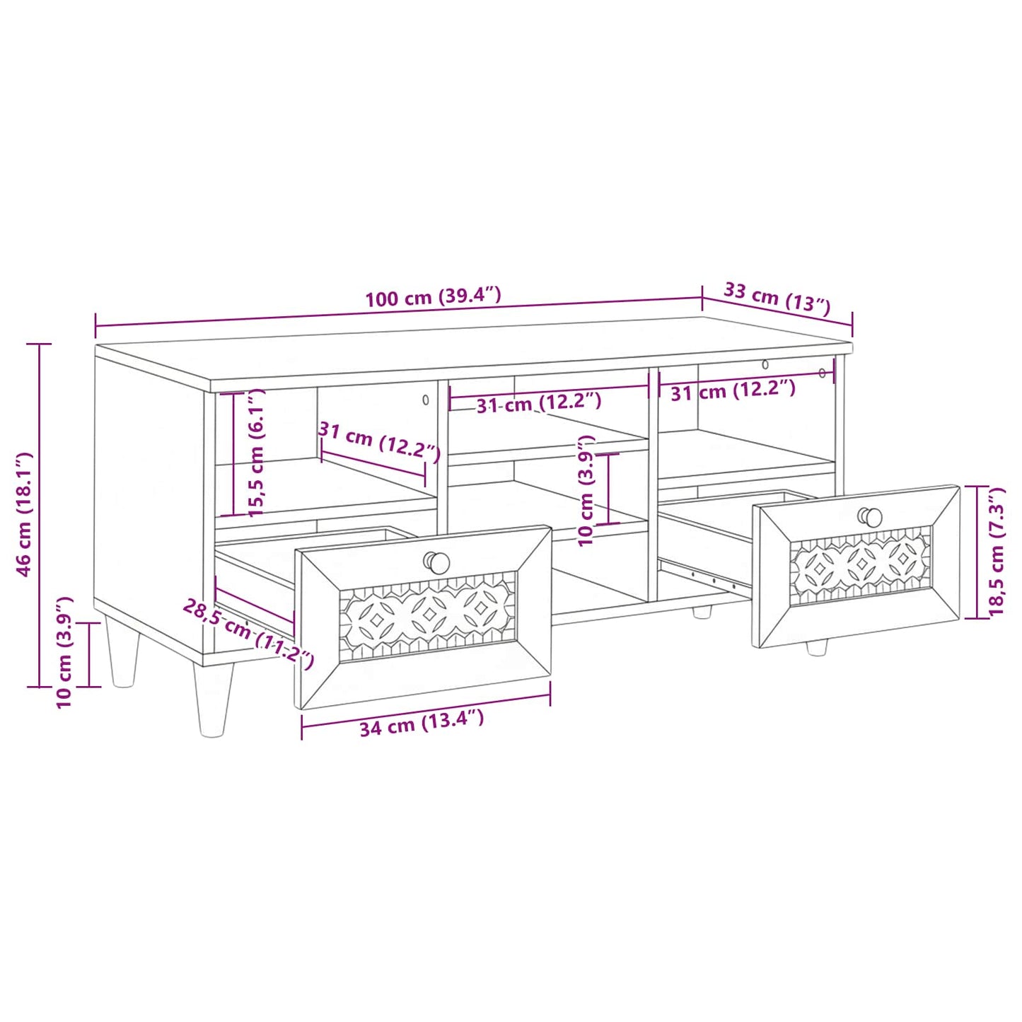 TV-Møbel Hvit med skuff 100 x 33 x 46 cm