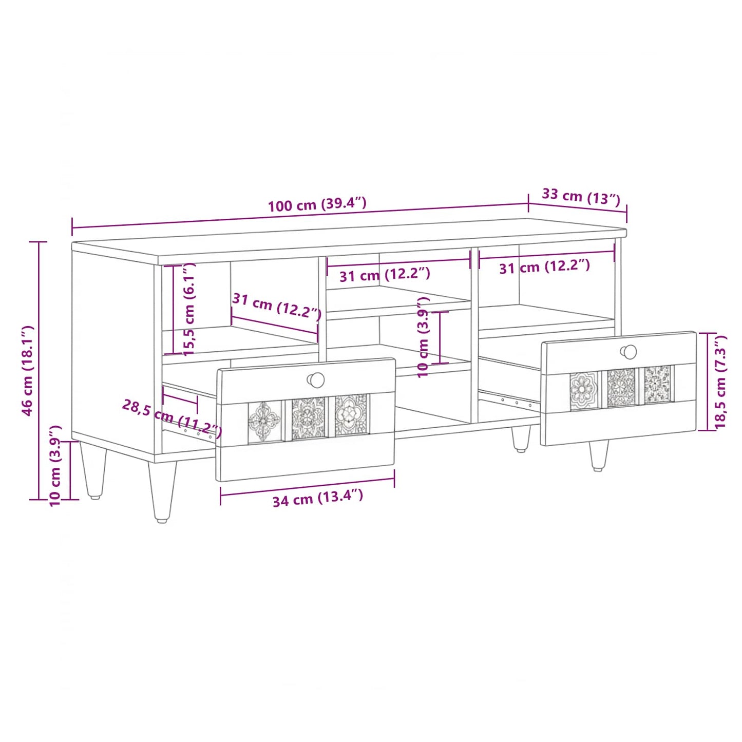 TV-Møbel Tre Tre TV-skap med skuff Valnøtt 100 x 33 x 46 cm Massiv mango tre