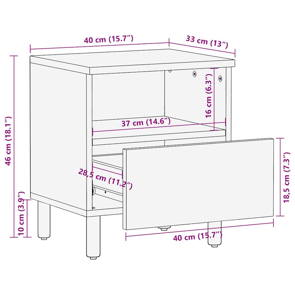 Nattbord Sengbord Svart 40x33x46 cm heltre mangotre