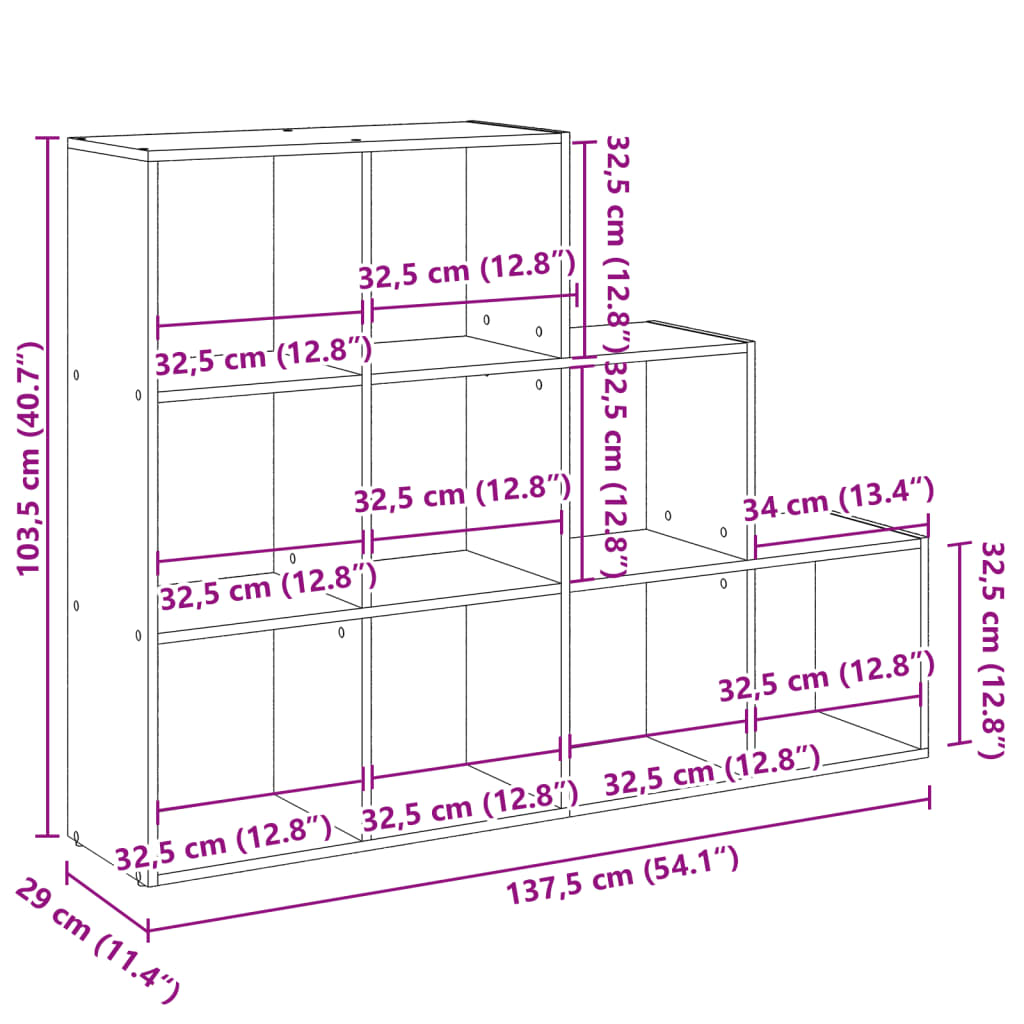 Bokhylle 3 etasjer betonggrå 137,5x29x103,5 cm konstruert tre