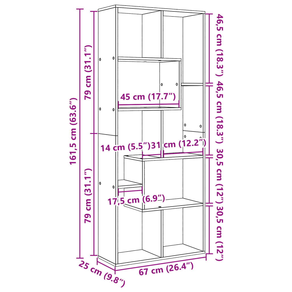 Romdeler bokhylle gammel tre 67x25x161,5 cm konstruert tre