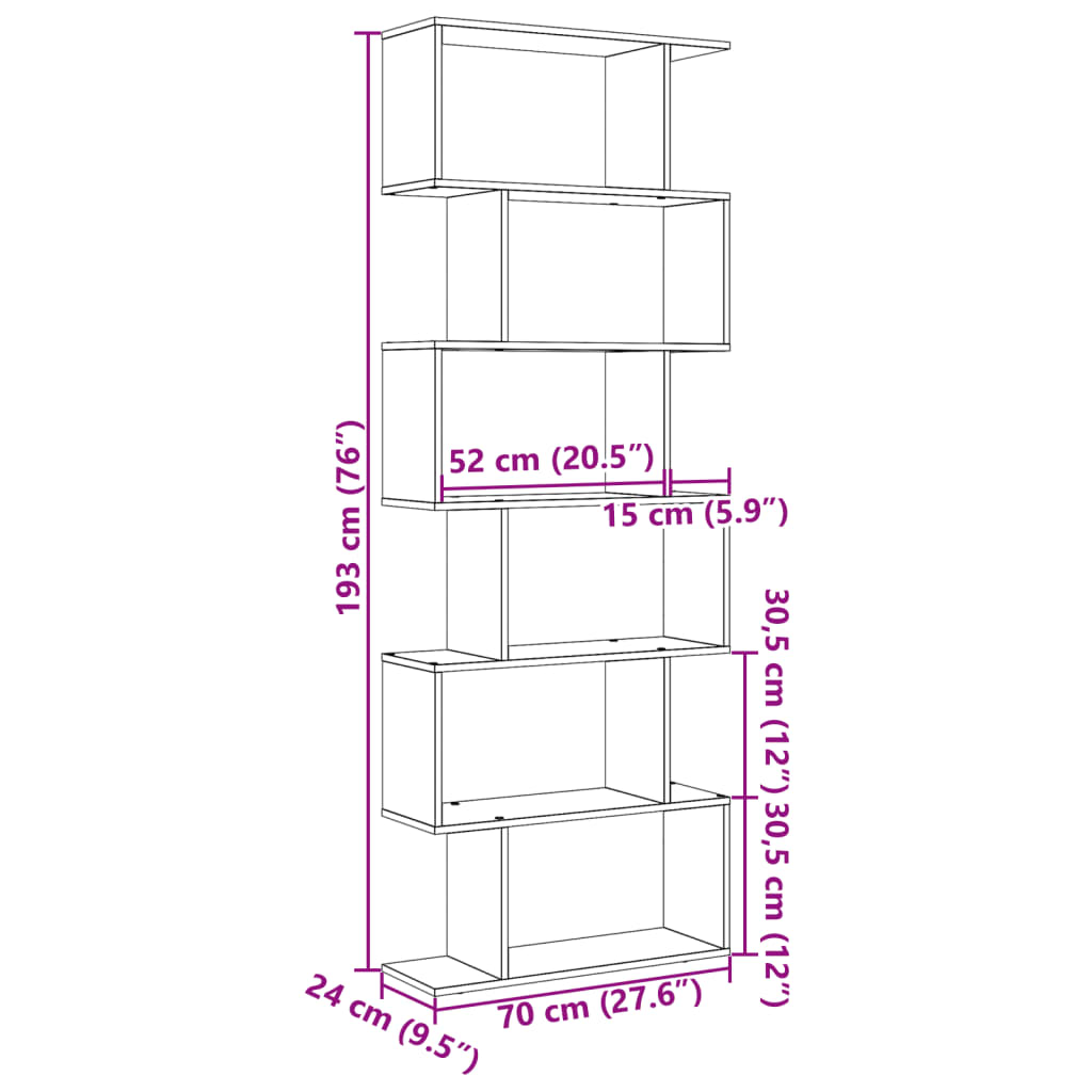 Romdeler bokhylle 6 lag gammelt tre 70x24x193 cm konstruert tre