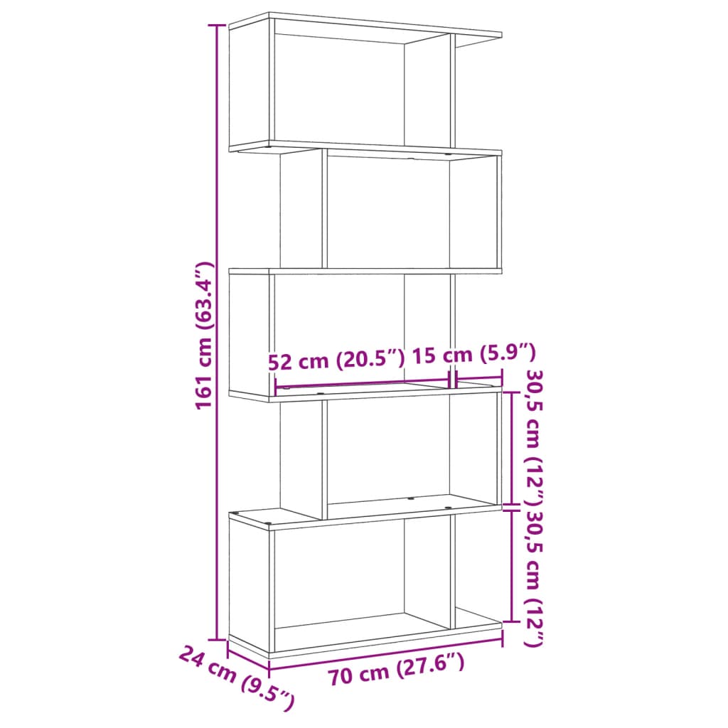 Romdeler bokhylle 5-etasjers hvit 70x24x161 cm konstruert tre