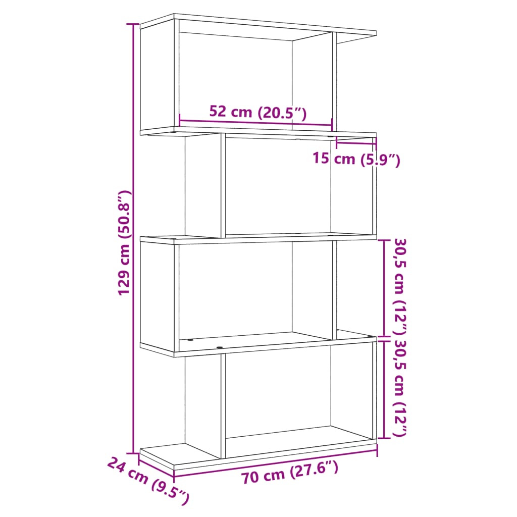 Romdeler bokhylle 4 lag gammelt eik 70x24x129 cm konstruert tre