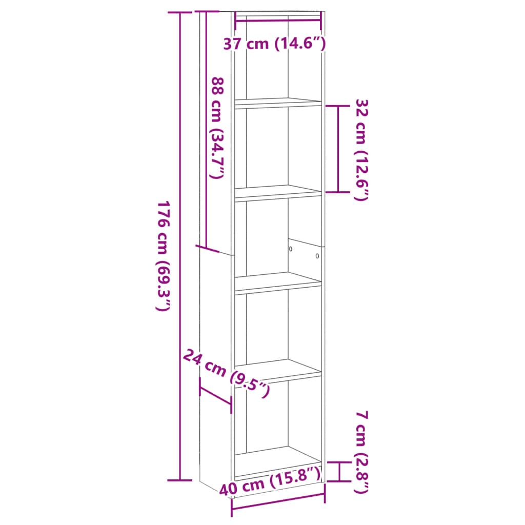 Bokhylle artisan eik 40x24x176 cm konstruert tre