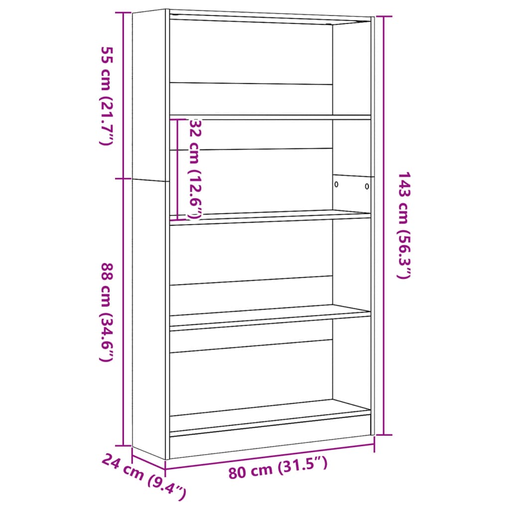 Bokhylle brun eik 80x24x143 cm konstruert tre
