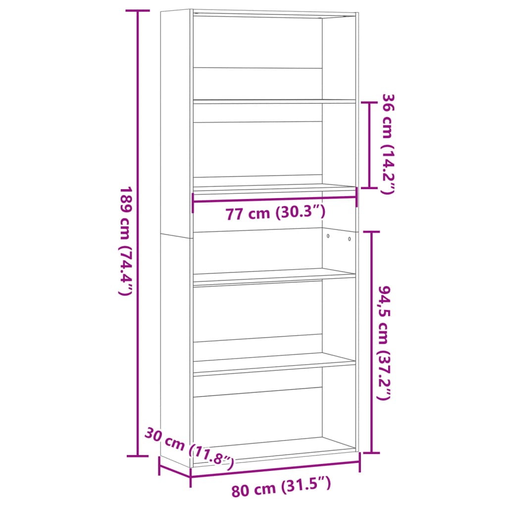 Bokhylle Svart 80x30x189 cm
