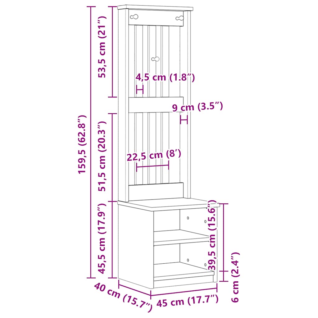 Hallmøbel Halltre SANDENS 45x40x159,5 cm heltre furu
