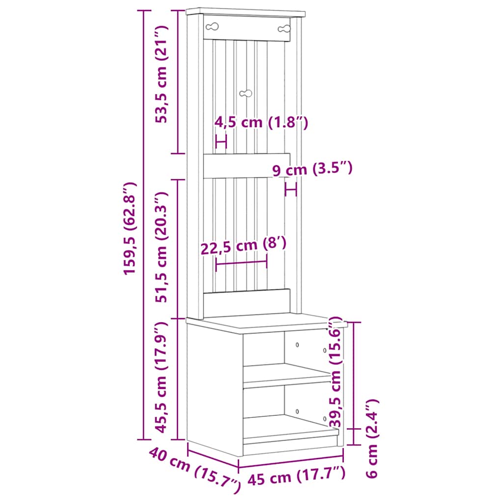 Hallmøbel Halltre SANDENS Hvit 45x40x159,5 cm heltre furu