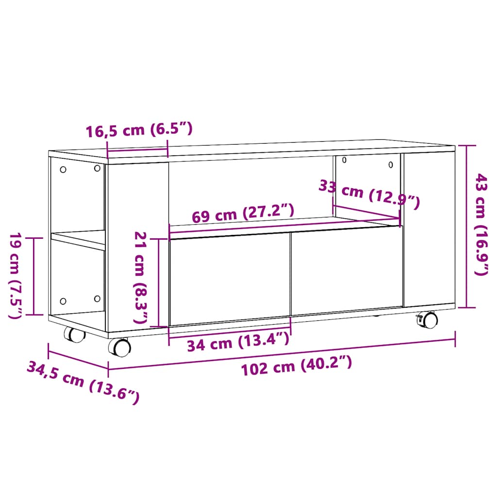 TV-Møbel Gammelt Tre TV-benk med hjul 102x34,5x43 cm