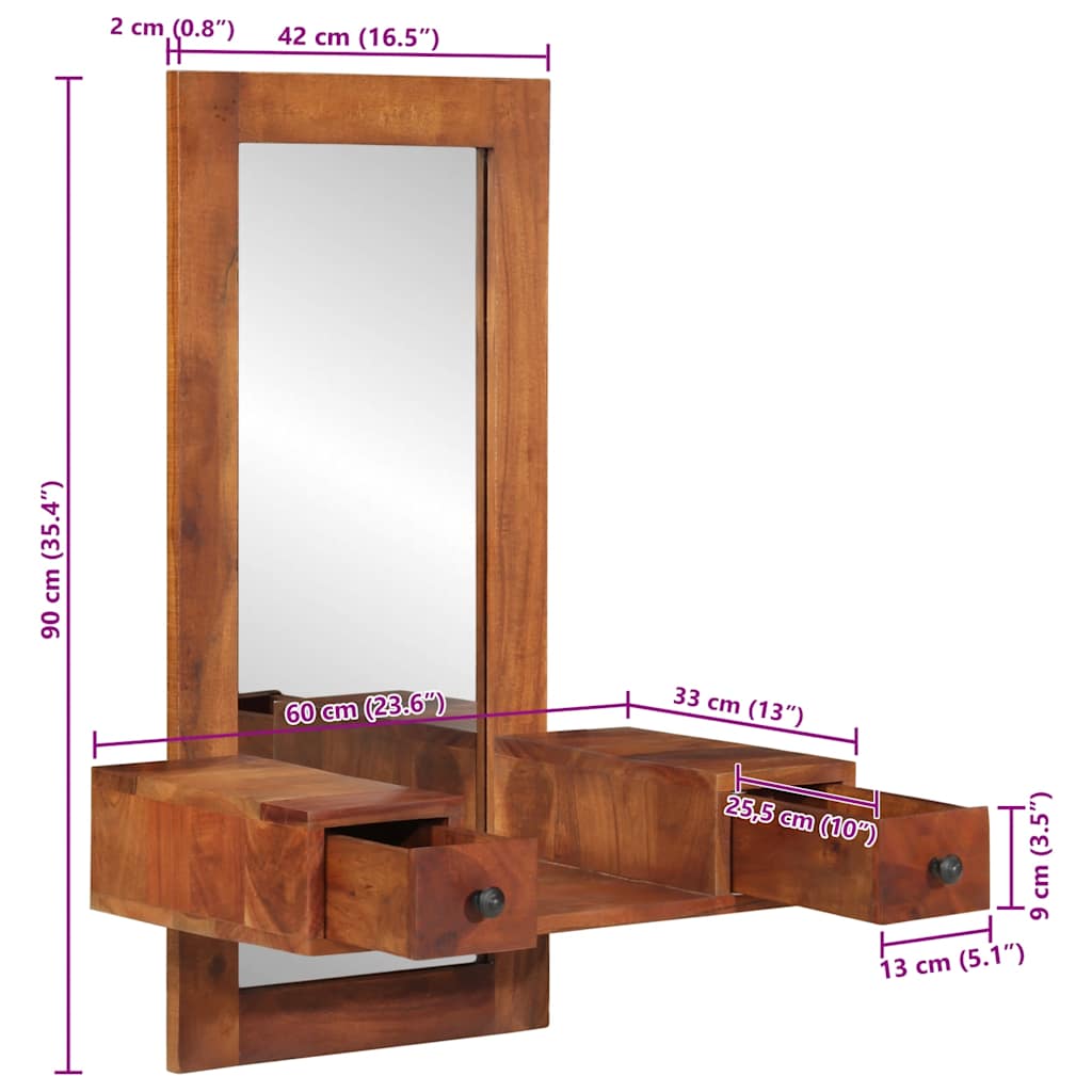 Veggspeil heltre akasie med skuffer 60x33x90 cm heltre akasie