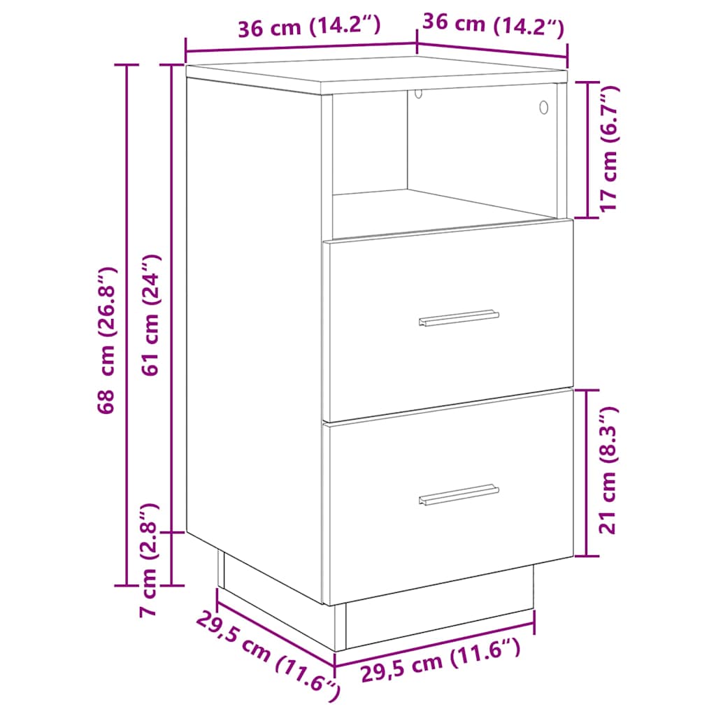 Nattbord Sengbord Svart med 2 skuffer 36x36x68 cm