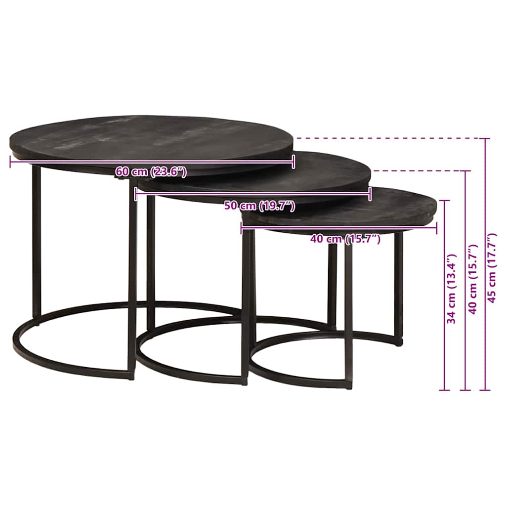 Nestende Kaffebord 3 pcs Svart Massivt mangotre og stål