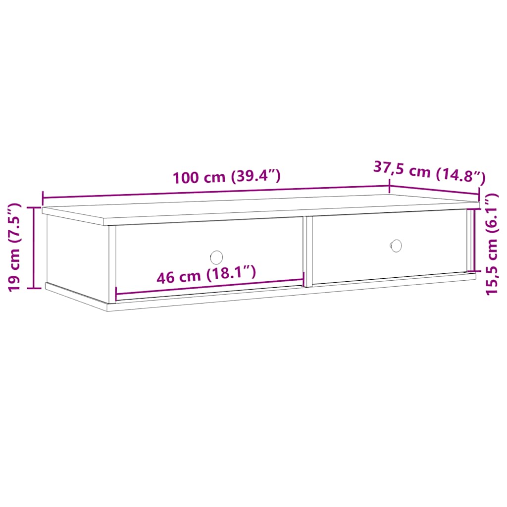 Vegghylle Svart med skuffer 100x37,5x19 cm
