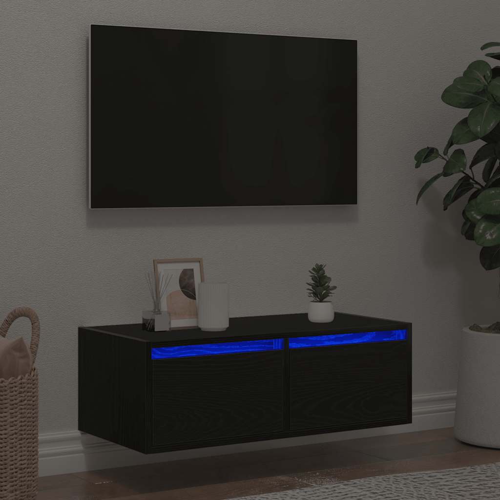 TV-Møbel Svart EikTV-benk med LED-lys 75x35,5x25 cm