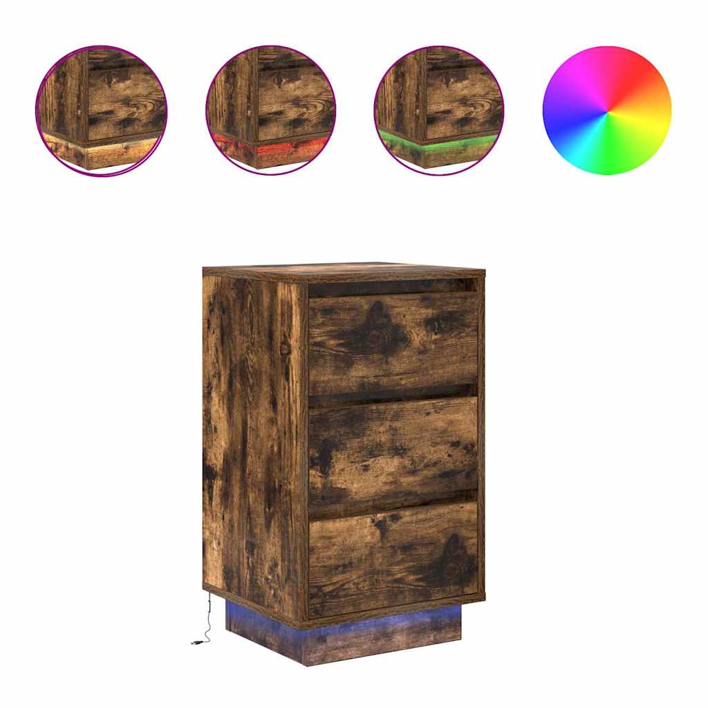 Nattbord Sengbord Røkt Eik med LED-lys 38x34x65 cm