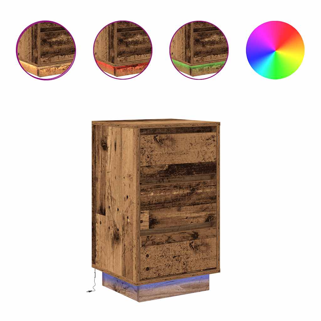 Nattbord Sengbord Gammelt Tre med LED-lys 38x34x65 cm