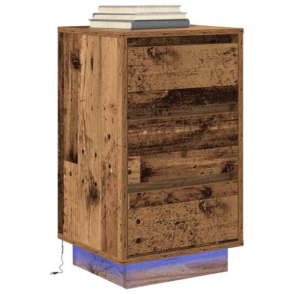 Nattbord Sengbord Gammelt Tre med LED-lys 38x34x65 cm