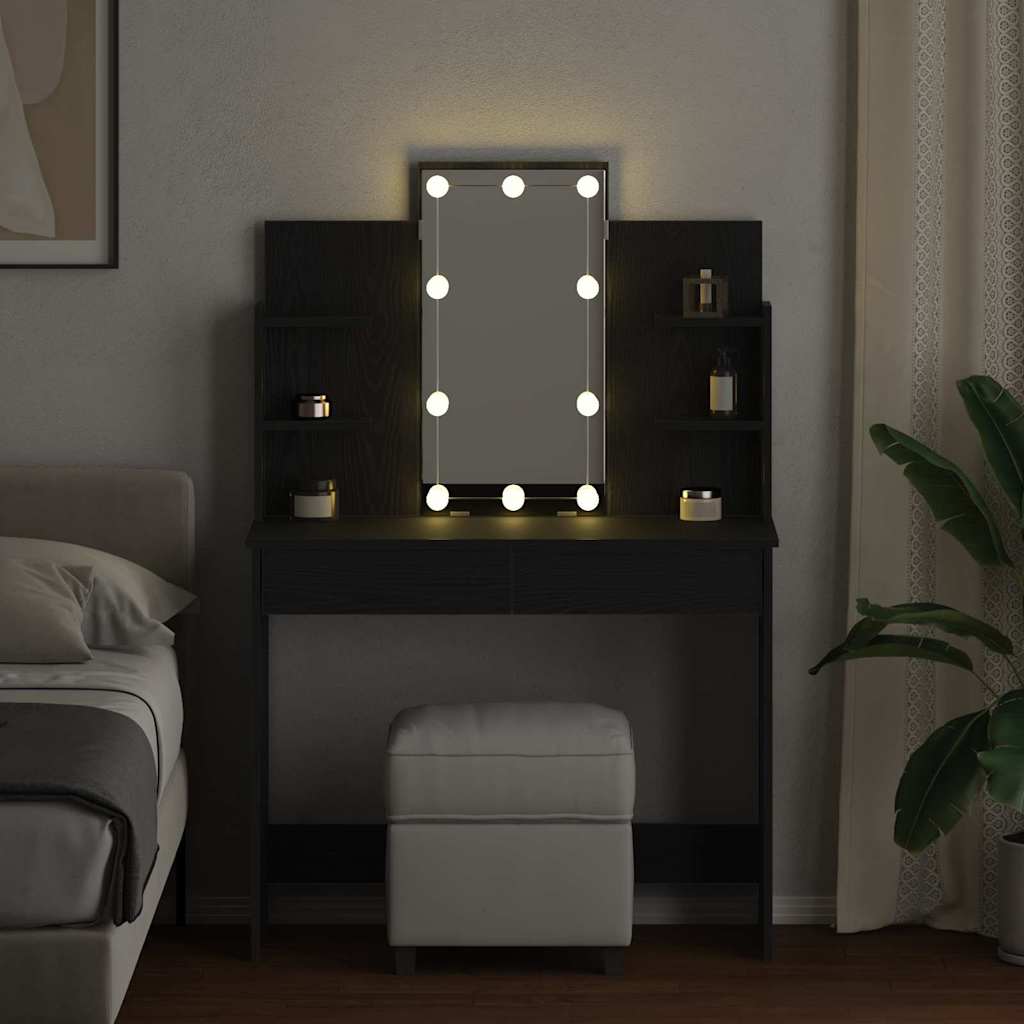 Smykkebord med LED-lamper svart eik 96x40x142 cm