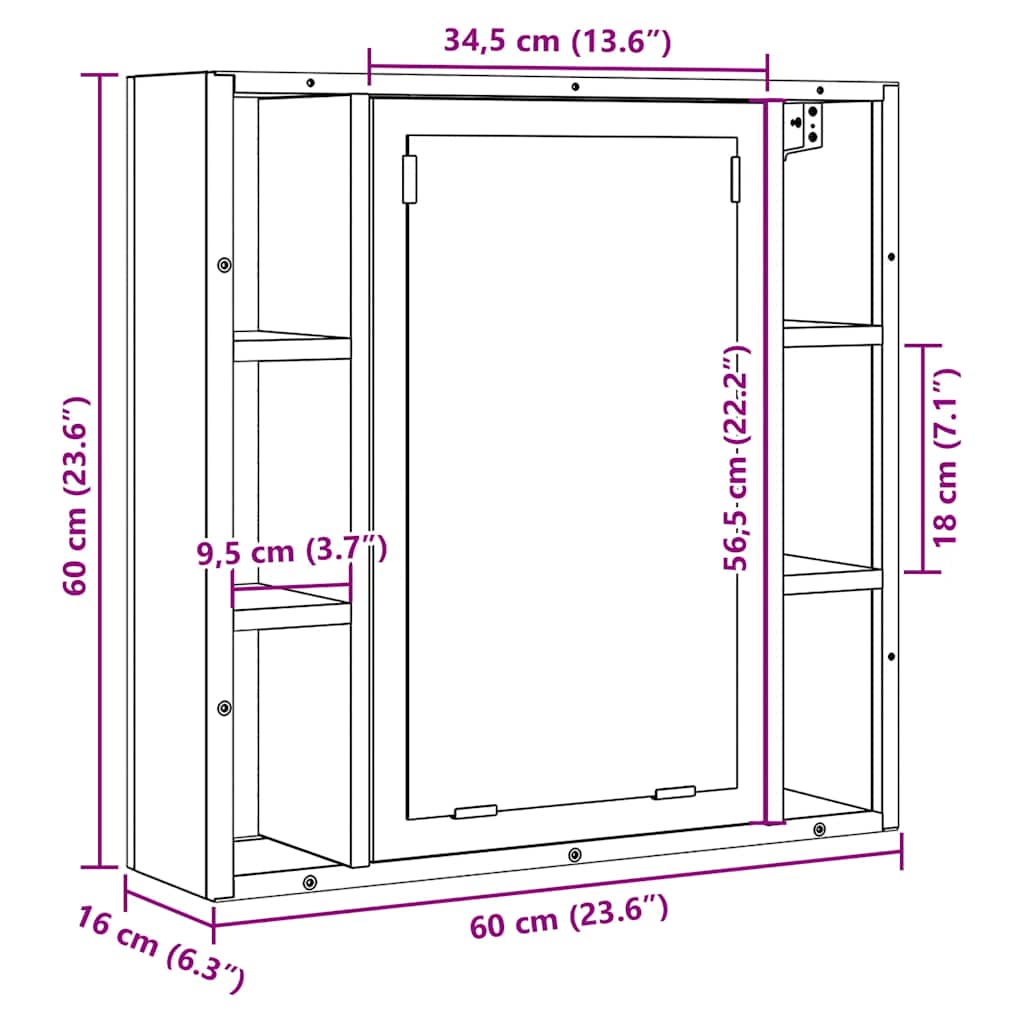 Baderomsskap med speil svart eik 60x16x60 cm konstruert tre