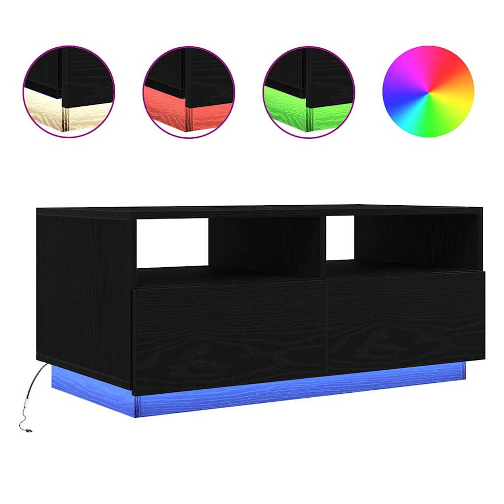 Salongbord Sofabord Svart med LED-lys Eik 90x49x40 cm