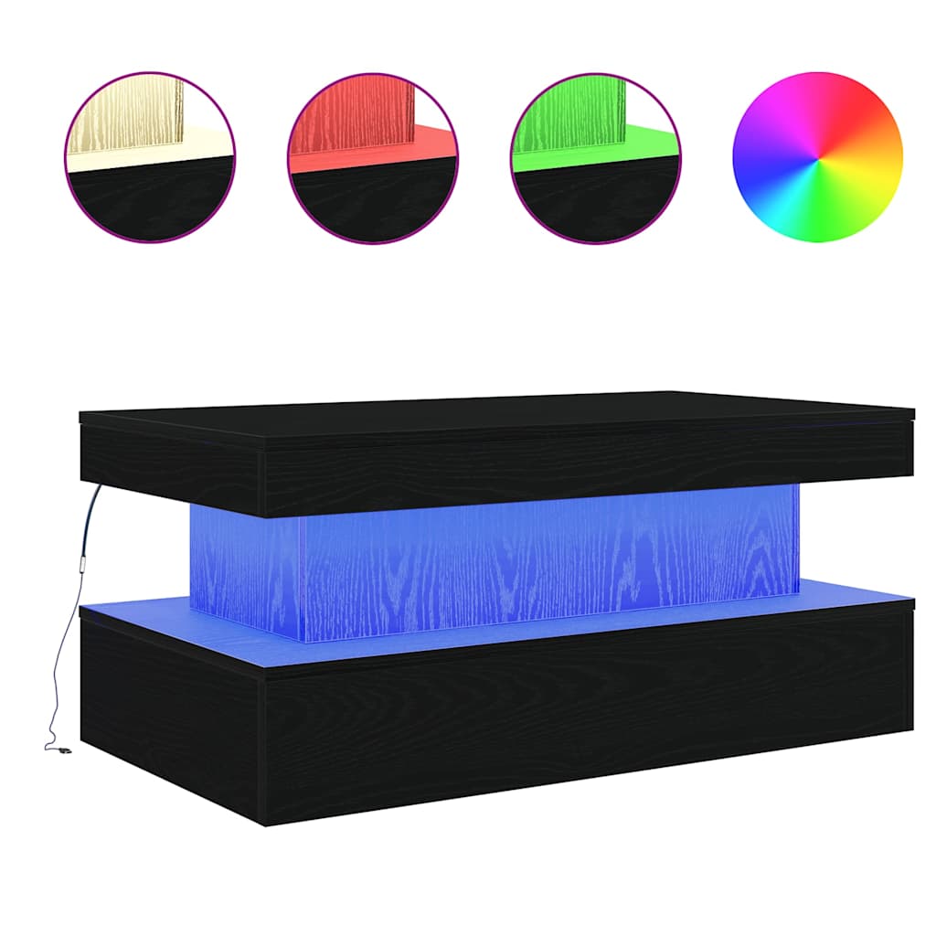 Salongbord Sofabord Svart med LED-lys Eik 90x50x40 cm