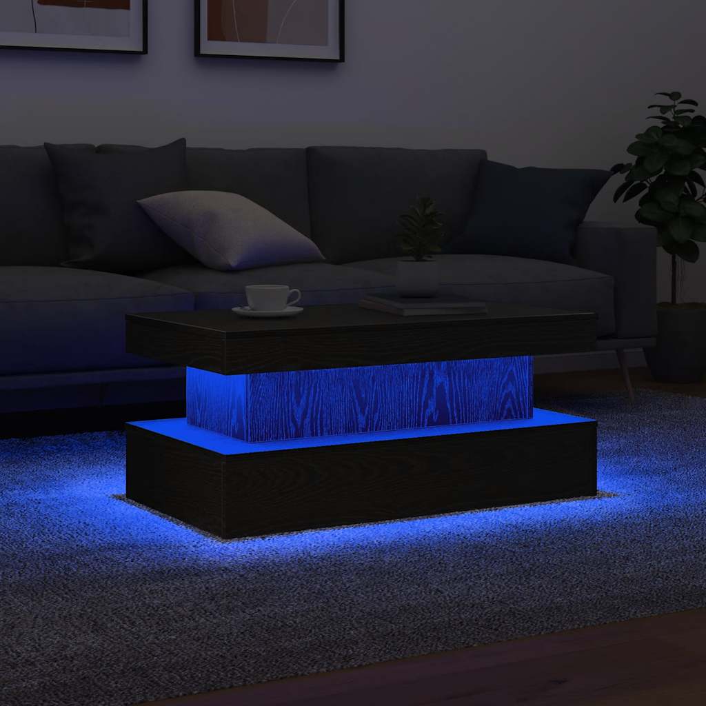 Salongbord Sofabord Svart med LED-lys Eik 90x50x40 cm