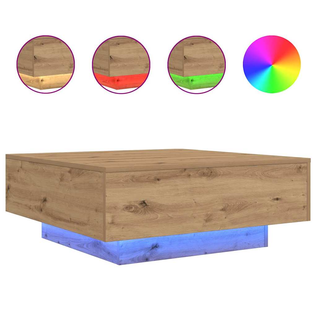 Salongbord Sofabord Artisan Eik med LED Lys 80x80x31 cm