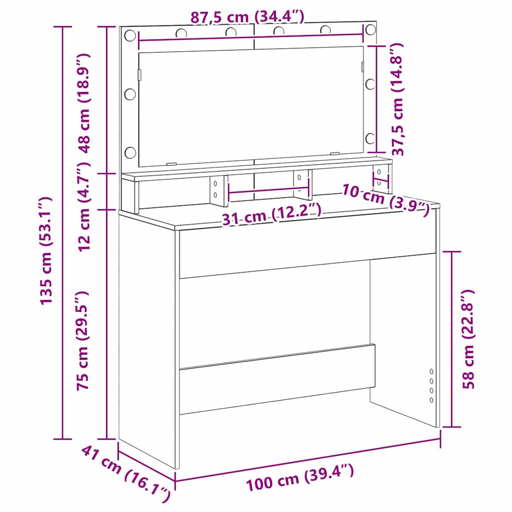 Smykkebord med LED-lys i Sonoma Eik, 100x41x135 cm