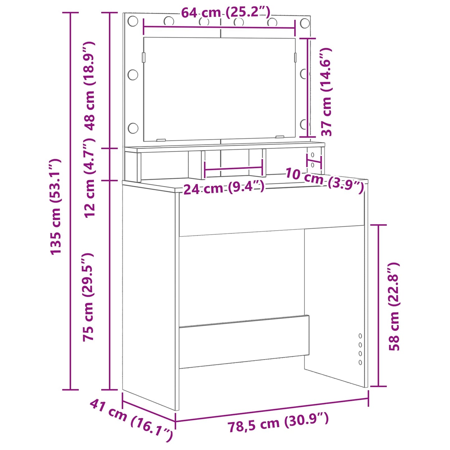 Sminkebord Sonoma Grå 75,5 x 41 x 135 cm