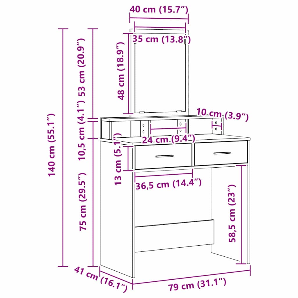 Sminkebord Artisan Eik skuffer 79x41x140 cm