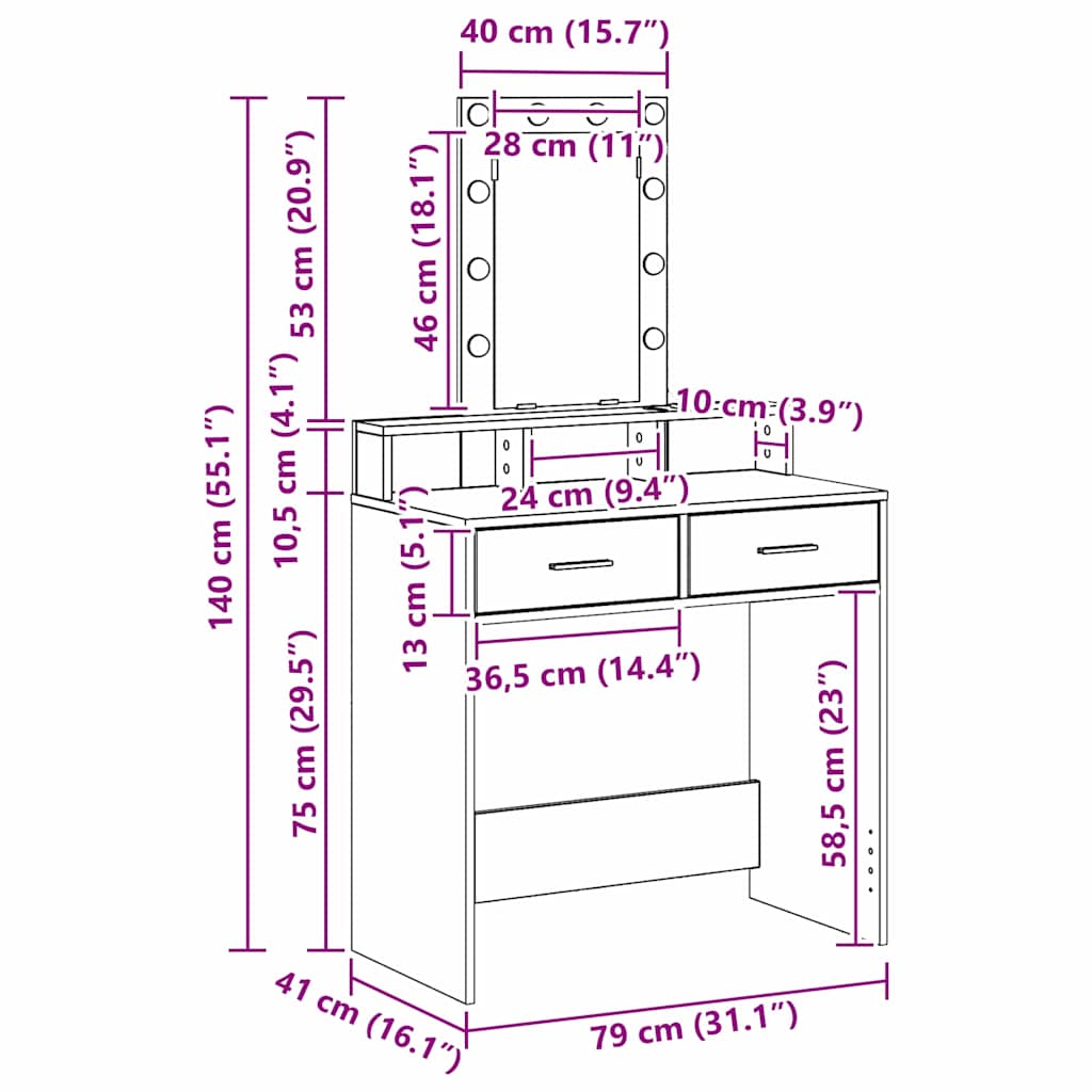 Sminkebord Hvit LED 79x41x140 cm