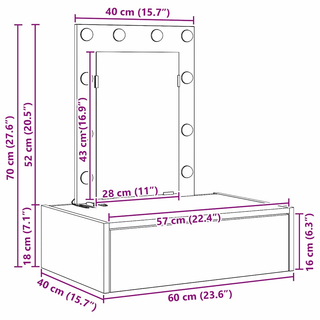 Sminkebord med speillys Brun 60 x 40 x 70 cm