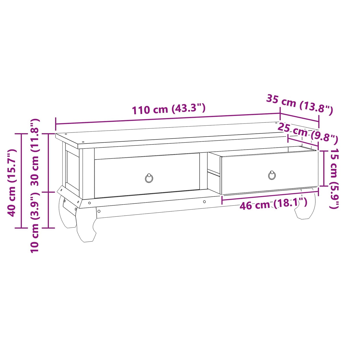 TV-benk med skuff Naturlig 110 x 35 x 40 cm Massivt Teaktre